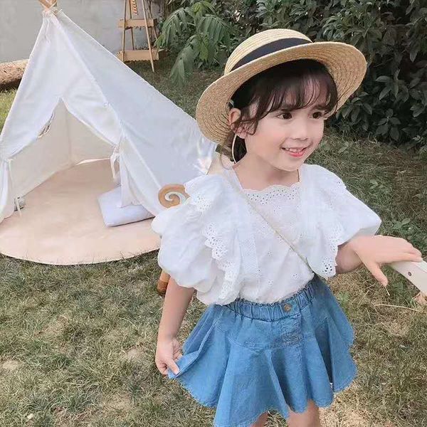 

1-6years kid девушка 2pcs одежда 2020 лето с коротким рукавом белого кружева square neck top + демин -линии юбки детская 2pcs размер 2-6y, White