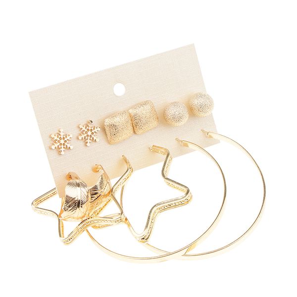 

6 pairs assorted matte finish snowflake stud leaf star loop earrings sets, Golden