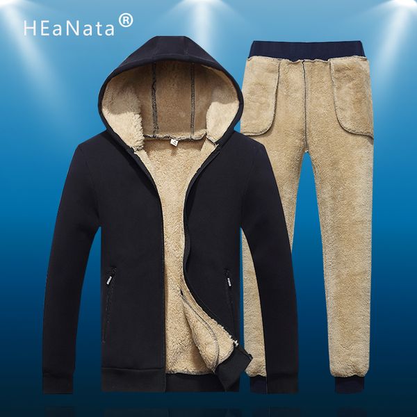 

winter men set casual warm thick hooded jacket+pants 2pc sets men lamb cashmere hoodies zipper tracksuit man sports suit outwear, Black;blue