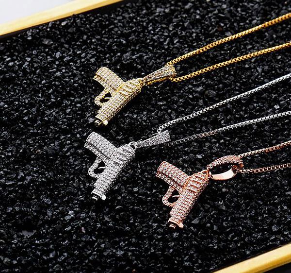 925 Sterling Silver Pistol Arma Pingente Colar CZ Hip Hop Bling Bling Pingente Cúbico Zircão Jóias