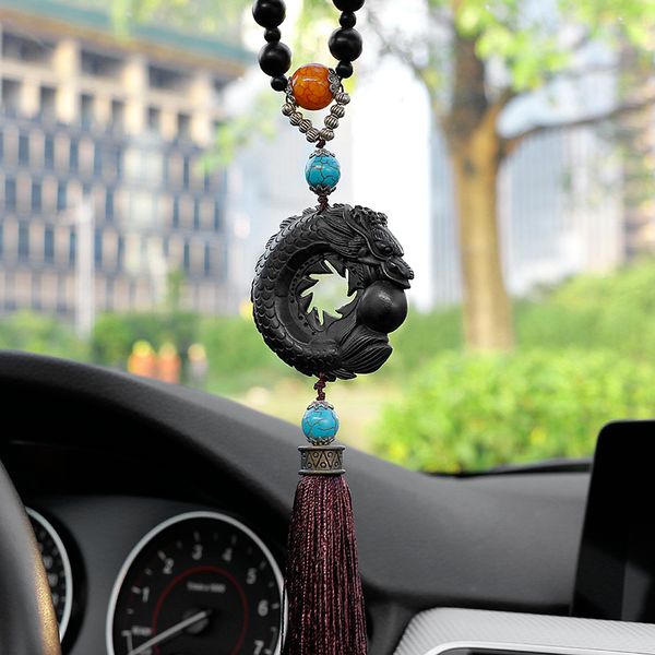 

car ornaments ebony wood carved dragon pendant auto good luck peace rearview mirror decoration accessories