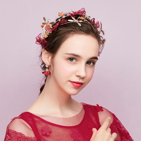 

super immortal bride headdress wine red korean immortal hair ornament toastmasters accessories marriage jewelry new style 2019, Golden;white