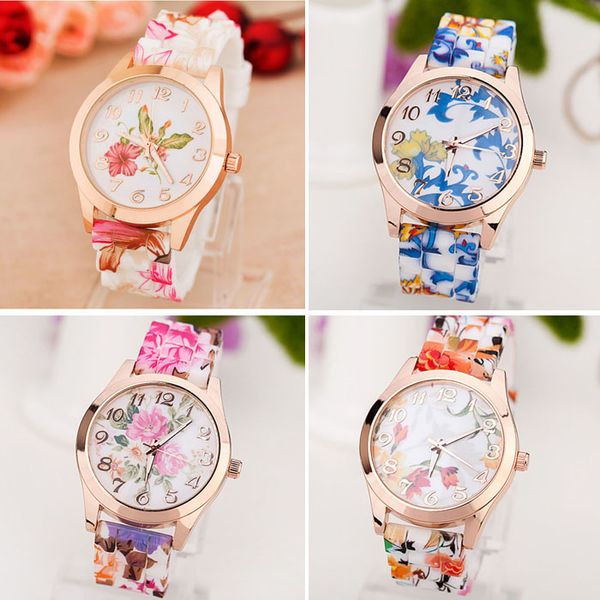 

women girl watch silicone printed flower causal quartz wristwatches beautiful brands eye-catching luxury brands fashion #8, Slivery;brown