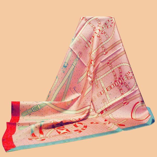 

huajun 2 store|| pink watermelon color "harnais de timon" 90 silk square scarf twill inkjet scarf handmade curling