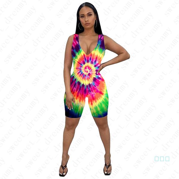 

women's bodysuit skinny jumpsuits street tie-dyed ladies summer v-neck rompers female outfits print sleeveless one-pieces shorts d42205, White