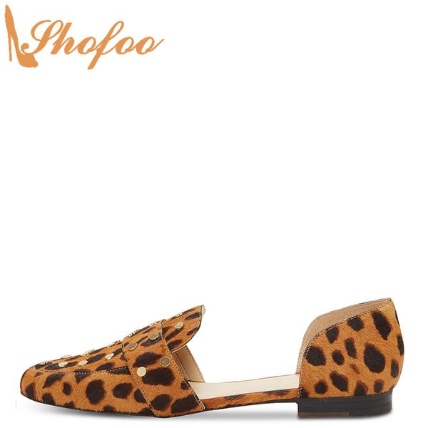 

brown leopard print round toe flats woman slip on large size 14 16 ladies fashion silver rivet evening party mature shoes shofoo, Black