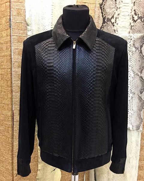 

classic luxury genuine sheepskin real python leather exotic snake skin men's black jacket, Black;brown