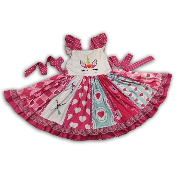 

valentine's day unicorn printed twirl dress girl lovely clothing, Red;yellow