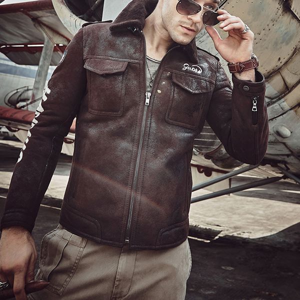 

embroidered men's shearling sheepskin coat b3 flight jacket letter pattern casual jacket handsome motorcycle, Black