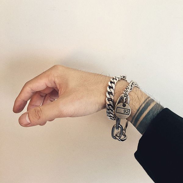 

huanzhi 2020 new silver color punk vintage bangle hip hop harajuku multilayer chain coin pendant bracelet for women men, Black