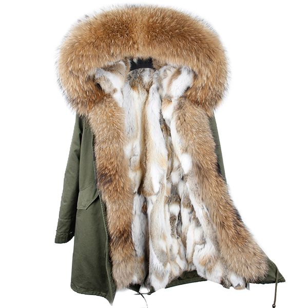 

2019 real fur rex parka armygreen long raccoon hooded winter coat women winter jacket natural real fur collar liner, Black
