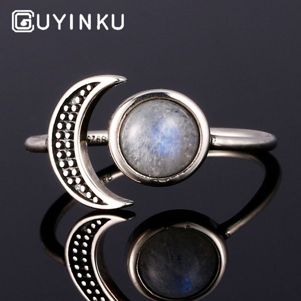 

guyinku romantic moon sun shape rings 925 sterling silver natural moonstone rings for women wedding gift fine jewelry adjustable, Golden;silver