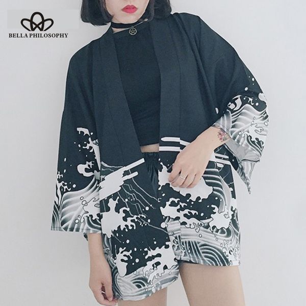 

bella philosophy japan style print vintage harajuku style blouse waves and wind dragon shirts japanese batwing sleeve kimono, White