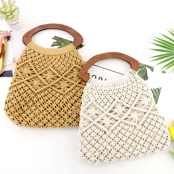 

wooden handle portable cotton rope weaving straw bag handmade net handbag beach plait bag