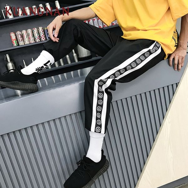 

kuangnan striped pencil pants men clothing 2018 hip hop joggers men pants japanese streetwear casual xxl sweatpants, Black