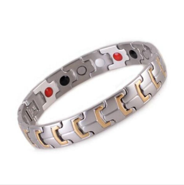

4 in 1 bio gold/silver healing magnetic stone care energy health bracelet 316l stainless steel germanium benefits for men/woman, Golden;silver