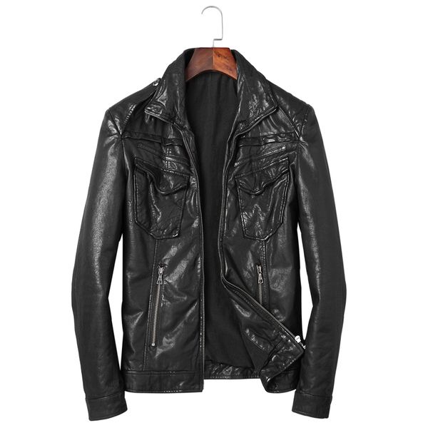 

mens goat leather jacket motorcycle real genuine leather coat men vintage fashion cool jacket vintage, Black