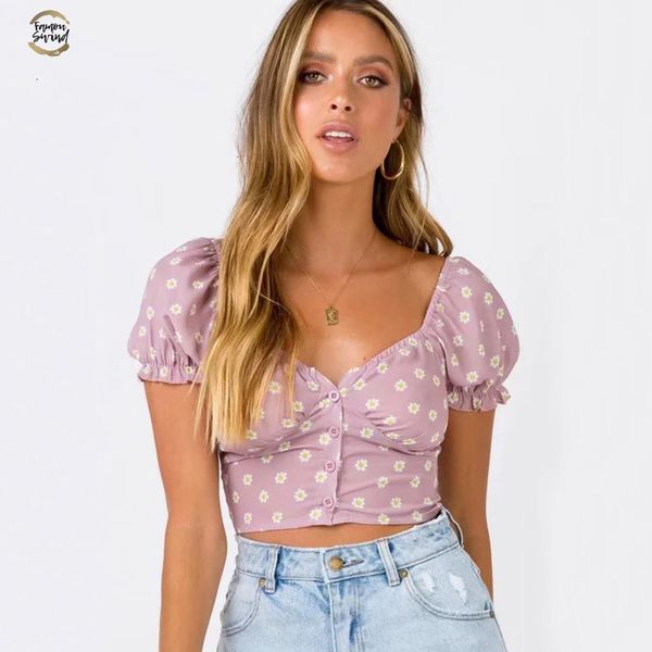 

women sweetheart neckline button up crop with puff sleeves long sleeve little daisy crop blouse drop shipping, White