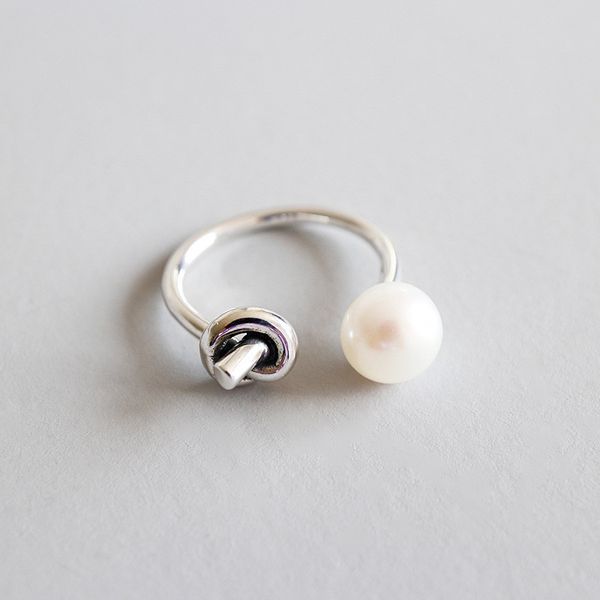 

new fashion natural freshwater pearl rings for women authentic 925 sterling silver single knot open ring female adjustable ring, Black