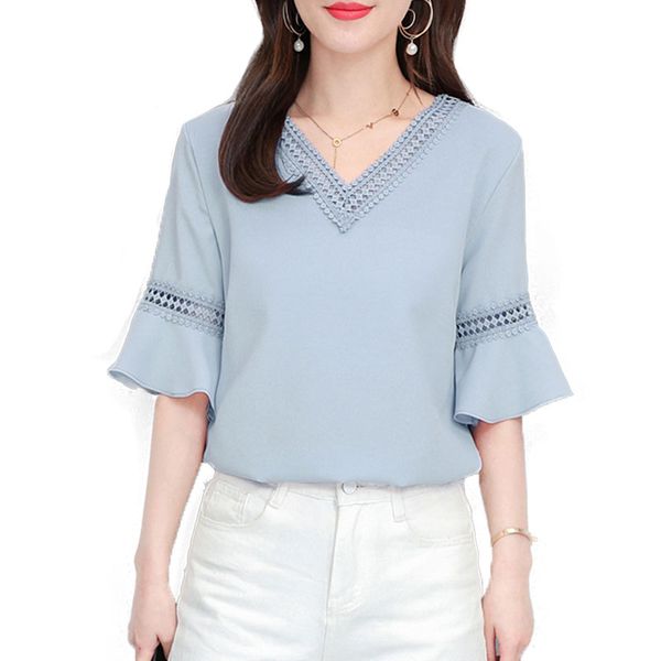 

volocean 2019 summer women blouse chiffon hollow out shirt casual blusas kimono hem solid blouse female tee, White