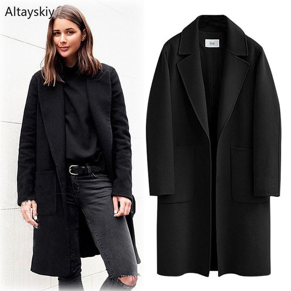 

women's wool & blends women large size long solid simple all-match european style pockets soft daily womens single breasted straight co, Black