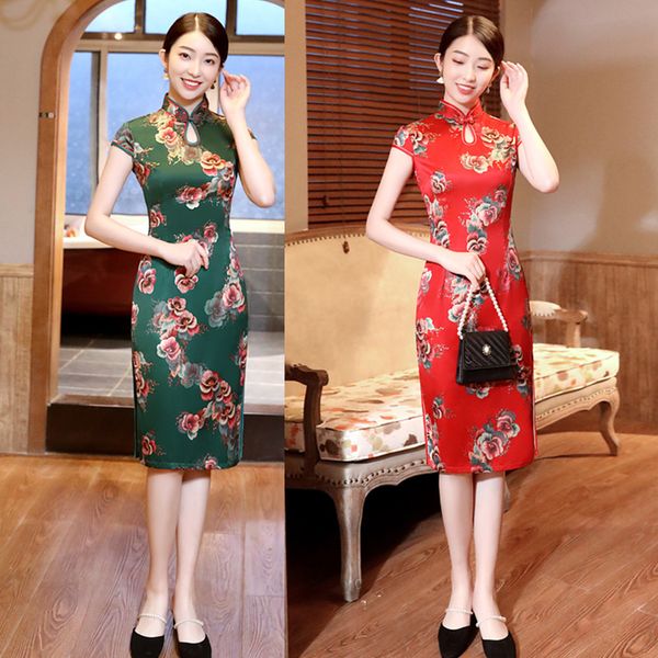 

lady short sleeve green qipao plus size 3xl women print cheongsam elegant lady chinese dress vestidos, Red