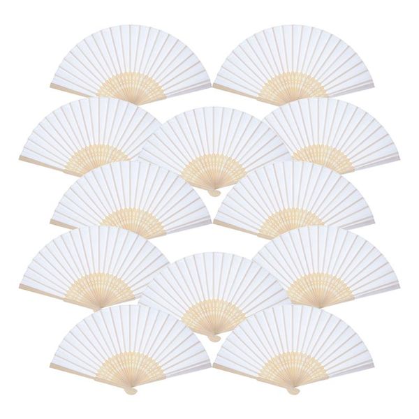 

12 pack hand held fans white paper fan bamboo folding fans handheld folded fan for church wedding gift, party favors, diy decora