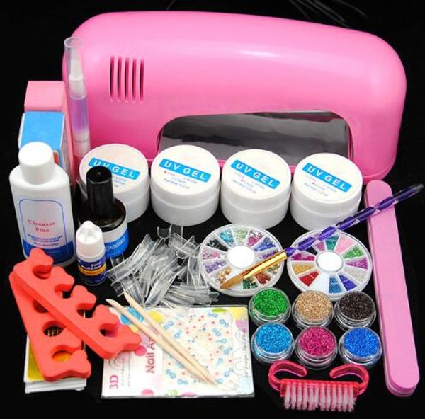 Nail Art Pro Maniküre-Set UV Gel Maniküre-Set Nail Art Kit 9W Nagel-Trockner-Gel Reiniger plus Glitzer-Dekoration Strass Entwurf