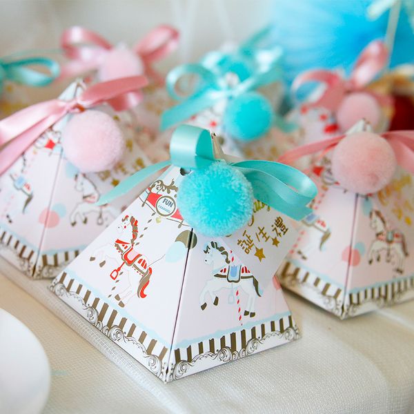 

30pcs triangular christening baby shower blue/pink cartoon horse candy boxes with ribbon & tags & balls baptism party gift box