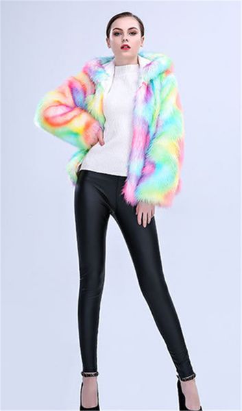 

women fashion desigenr faux fur coat short hooded outerwear colorful thickened warm outwear casual long sleeve ladies clothing, Black