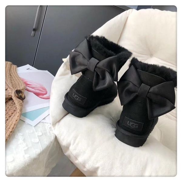 

australian snow boots winter new sheepskin all-in-one snow boots female middle tube bow waterproof non-slip flat warm women short boots 03, Black