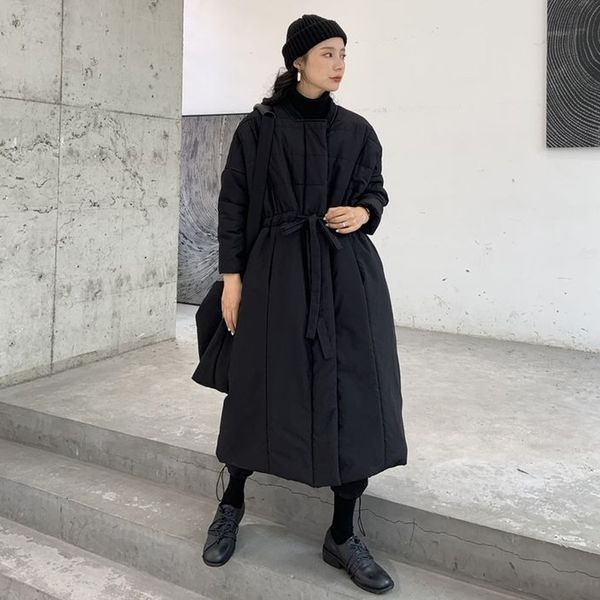 

fashion tide cotton coat long paragraph over the knee thickened drawstring down cotton pad slim winter new style pc117, Black