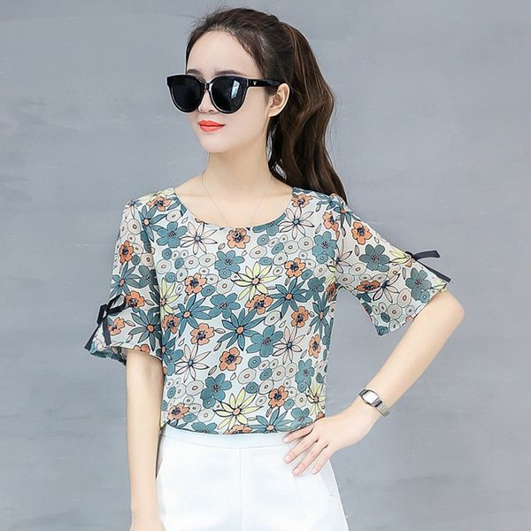 

sweet butterfly shirts chiffon women blouse bow summer o neck clothing, White