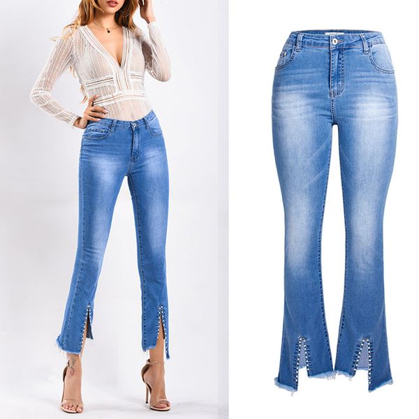 

новое прибытие женские брюки клеш женские сексуальные джинсы узкие женщин высокой талией стыковой lif джинсовые брюки мода stretch вышитые д, Blue