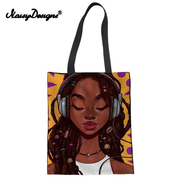 

music reusable canvas shopping bags women shopper bag art black african girl prints teen college ladies book bags females bolsa