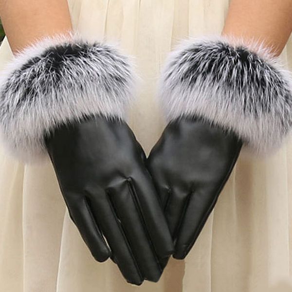 

pu leather gloves elegant autumn winter women warm fake fur gloves mittens cashmere female new fashion, Blue;gray