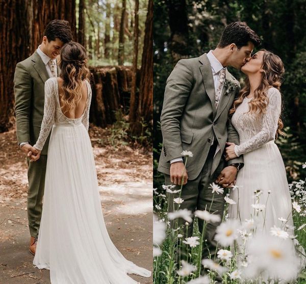 

2020 a line beach wedding dresses long sleeves appliques lace chiffon country wedding dress backless sweep train boho bridal gowns, White