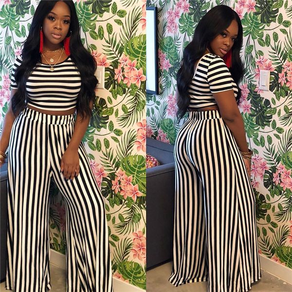 

women 2 piece set striped print suits casual short sleeve t-shirt loose floor-length long pants summer clothing fashion outfit plus size 725, White