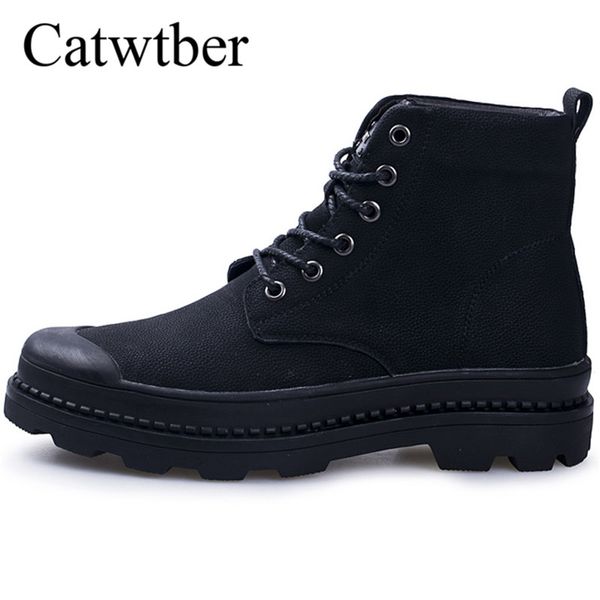 

catwtber men's ankle boots 2018 flats autumn winter warm fur work snow boot leather male casual shoes outdoor walking footwear, Black
