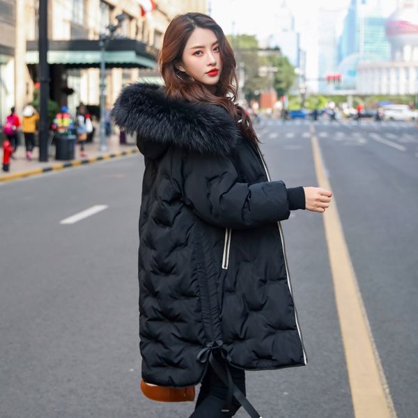 

white down jacket women's mid-length 2018 new style korean-style fashion thick-style white duck down winter large fur collar, Black;white