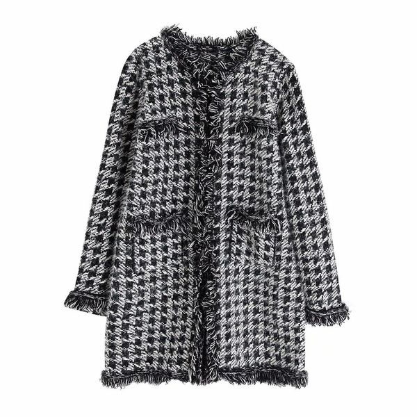 

winter tweed blend coat women vintage houndstooth long sleeve front tassel pockets thick warm jacket outerwear elegant overcoat, Tan;black