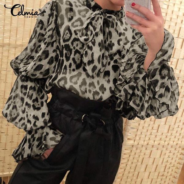 

elegant bow tie neck women see through celmia 2020 fashion leopard summer blouses flare sleeve chiffon shirts plus size 5xl, White