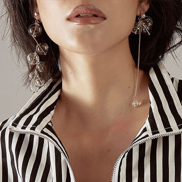 

asymmetric billons bubble dangle earrings for women glass ball long earrings korean gold earrings jewelry, Silver