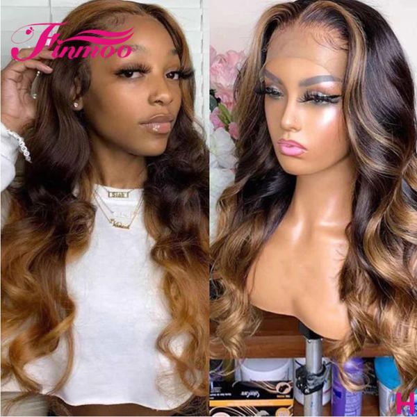 

honey blonde wavy lace front human hair wigs pre plucked ombre colored peruvian remy 13x6 lace frontal wig for black women 180%, Black;brown