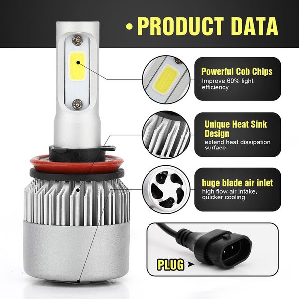 

car h8/h11/h9 led headlight kits-flip cob chips 6000k-low beam/fog light 100w white