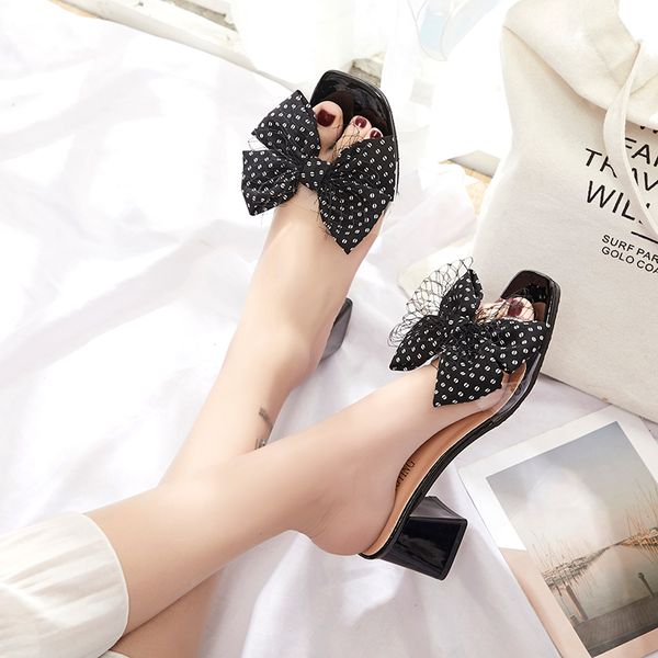 

female shoes womens slippers outdoor square heel luxury slides med rubber flip flops butterfly-knot 2020 block designer, Black