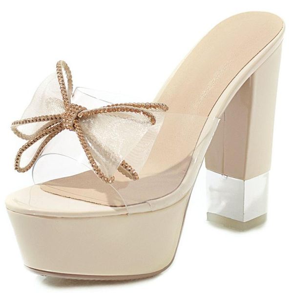 

ribetrini ins transparent platform lady slip on butterfly knot shoes woman handmade outdoor block heels sandals women slippers, Black