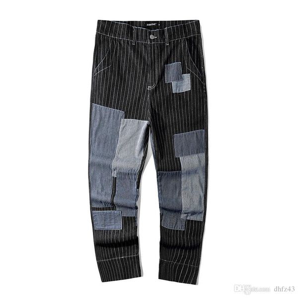 

2xl plus size striped patchwork full length pants men joggers pantalones hombre hip hop trousers streetwear mens pants t200422, Black