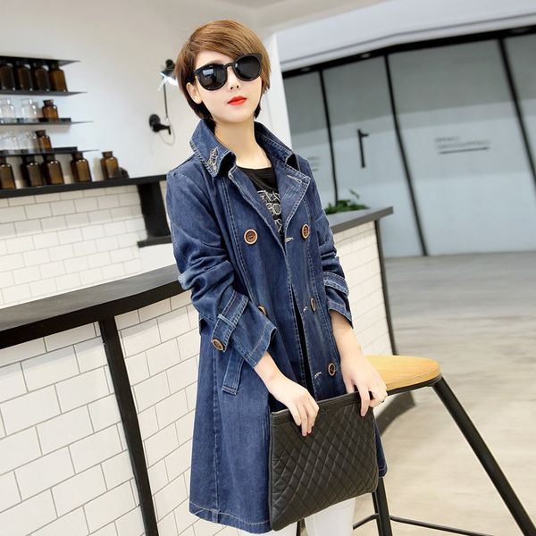 

fashion 2018 plus size jeans jacket women long sleeve long denim jacket turn-down collar women double-breasted denim overcoat, Black;brown