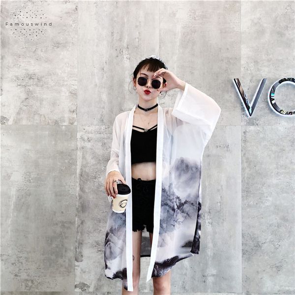 

блузы 2019 пейзаж cardigans печати kimino солнцезащитный harajuku лето женщины топы и блузки для печати плюс размер шифон, White